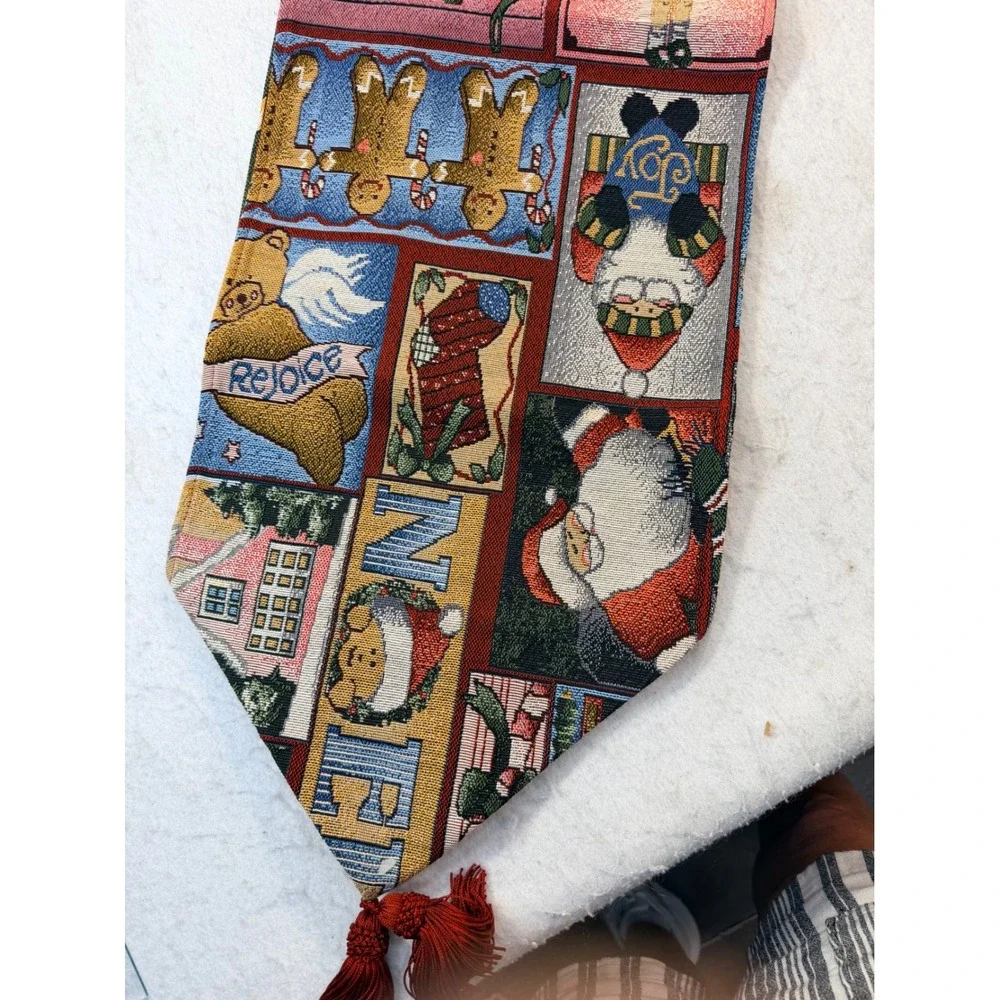 Christmas Tapestry Table Runner Santa Gingerbread Snowman Noel Woven Tassels 82